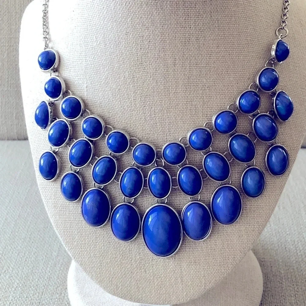 Silver‎ Tone Blue Oval Cabochon Tiered Layer Necklace 16”-18” Fashion Jewelry